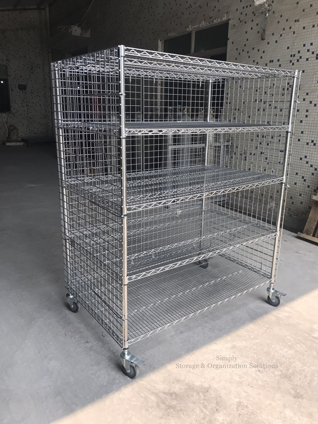 Chrome Five Shelf Wire Utility Cart with Enclosures Three Sides Mesh